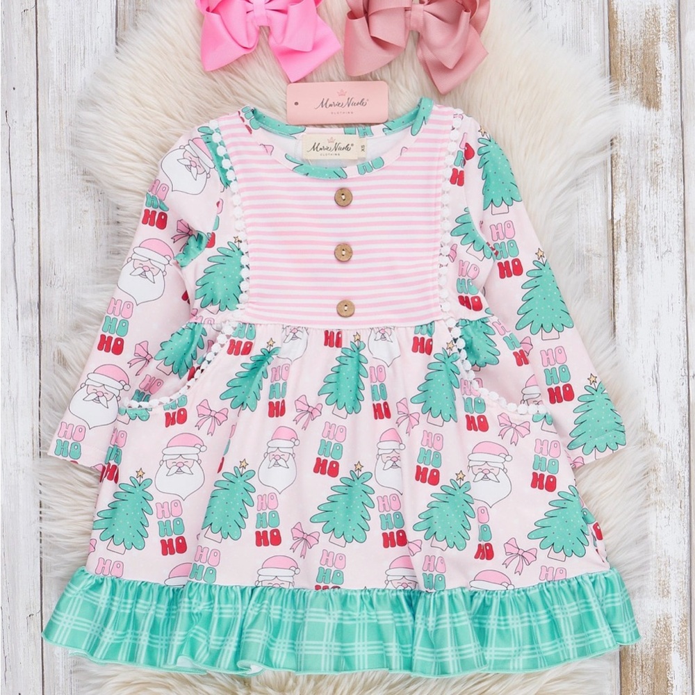 Festive Holiday Dress with Santa and Tree Print. Comes with dark teal hair bow